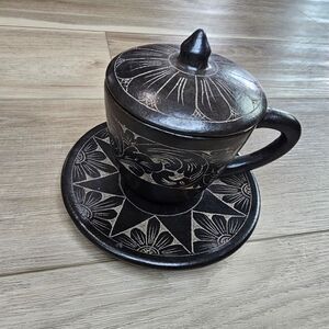 Decorative Coffee Cup Handmade Pottery with Saucer and Lid